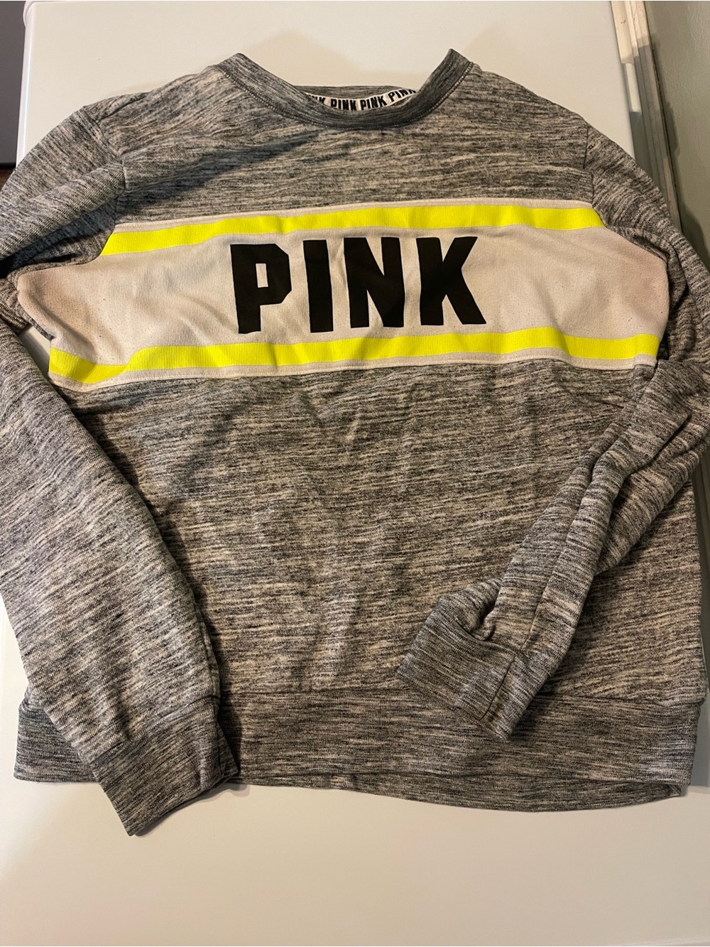 PINK Victoria's Secret Woman’s Grey Crewneck with Neon Yellow Stripes